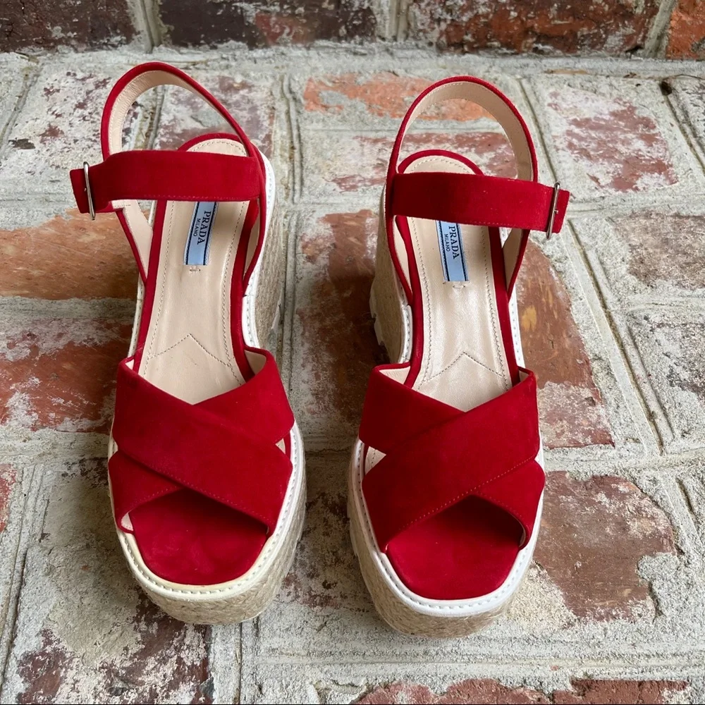 Prada Red Suede Espadrille Platform Sandals - Picture 5 of 11
